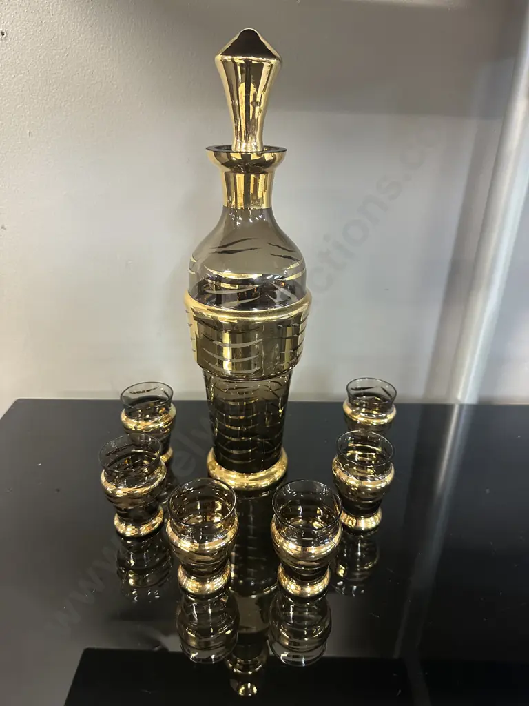 Mid Century Glass Decanter Set - Smokey Glass With Gold Stripe. H30cm Image 1++