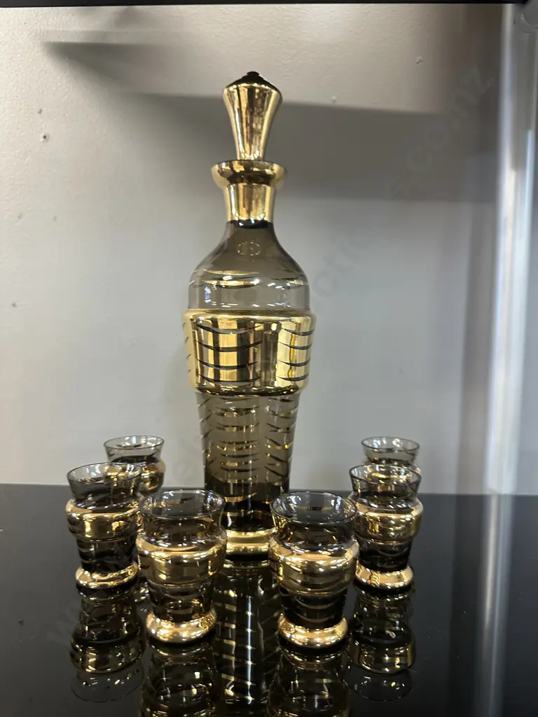 Mid Century Glass Decanter Set - Smokey Glass With Gold Stripe. H30cm Image 1++