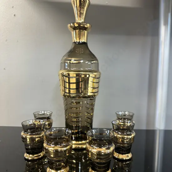 Mid Century Glass Decanter Set - Smokey Glass With Gold Stripe. H30cm