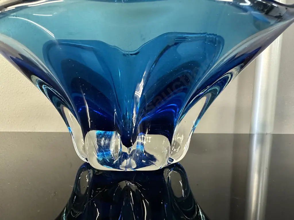 Mid Century Art Glass Blue Vase With Pulled Ends & Clear Base H12,L33cm. Image 1++