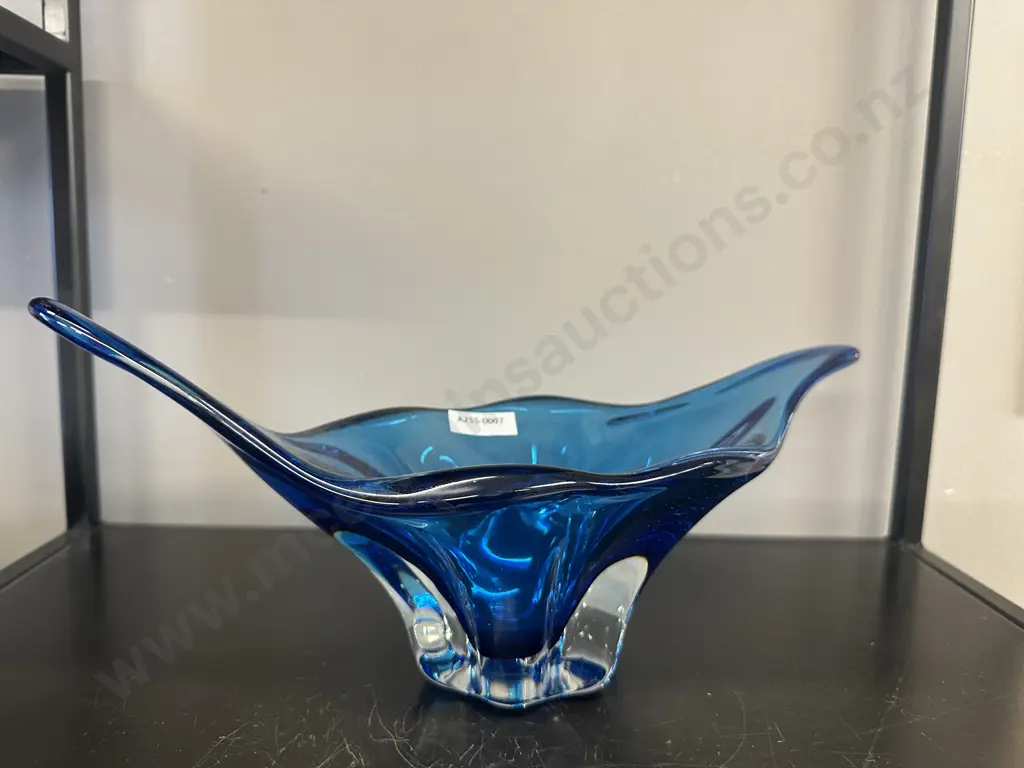 Mid Century Art Glass Blue Vase With Pulled Ends & Clear Base H12,L33cm. Image 1++