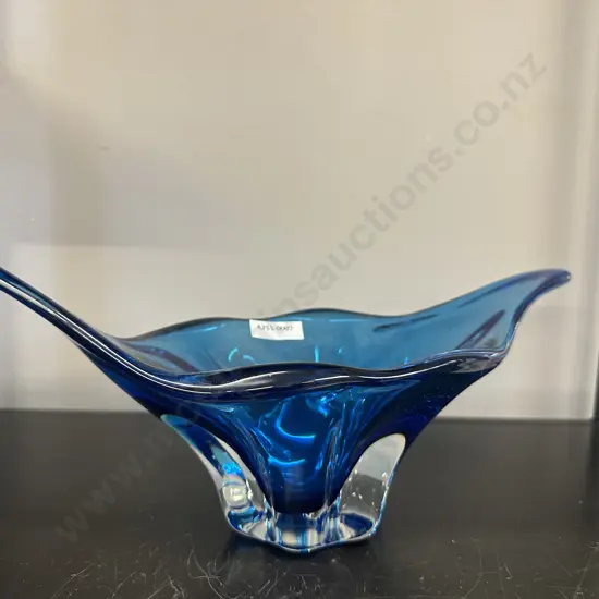 Mid Century Art Glass Blue Vase With Pulled Ends & Clear Base H12,L33cm.