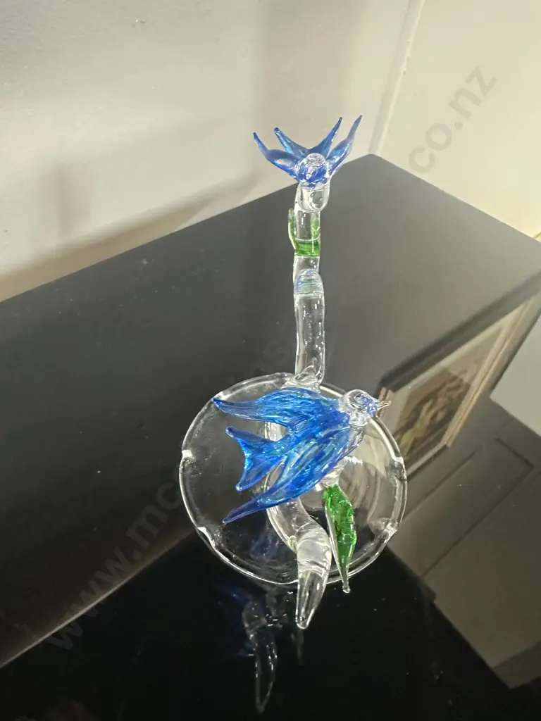 Hand Crafted Art Glass Blue Birds On Branch. 11 x 14cm Image 1++