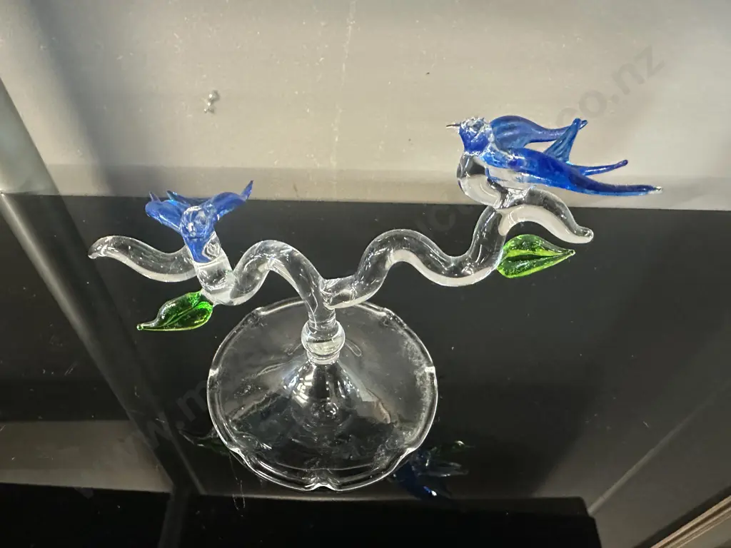 Hand Crafted Art Glass Blue Birds On Branch. 11 x 14cm Image 1++