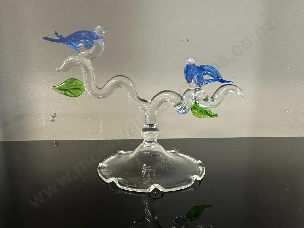 Hand Crafted Art Glass Blue Birds On Branch. 11 x 14cm Image 1++