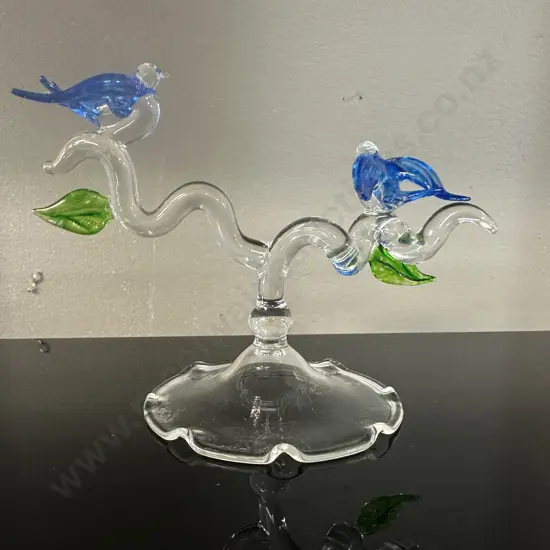 Hand Crafted Art Glass Blue Birds On Branch. 11 x 14cm
