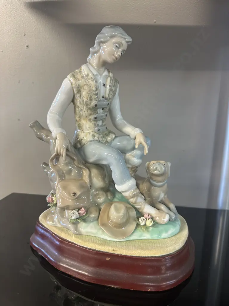 Vintage Tengra Spanish Figurine of Boy With Dog & Mahogany Plinth. 29 x 24cm Image 1++