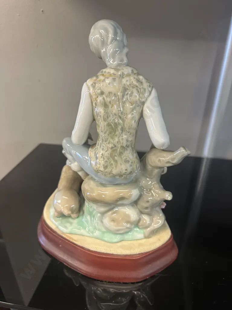 Vintage Tengra Spanish Figurine of Boy With Dog & Mahogany Plinth. 29 x 24cm Image 1++