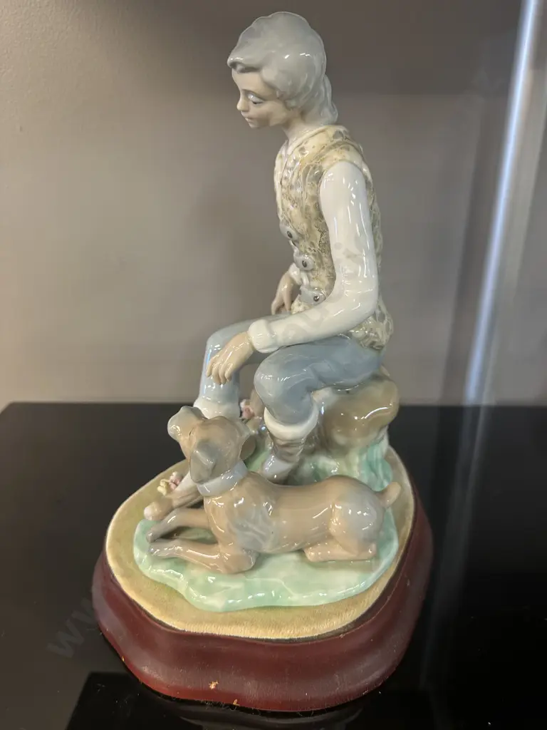 Vintage Tengra Spanish Figurine of Boy With Dog & Mahogany Plinth. 29 x 24cm Image 1++