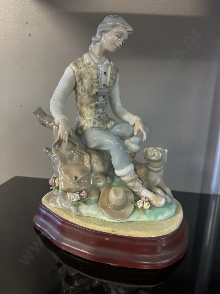 Vintage Tengra Spanish Figurine of Boy With Dog & Mahogany Plinth. 29 x 24cm Image 1++