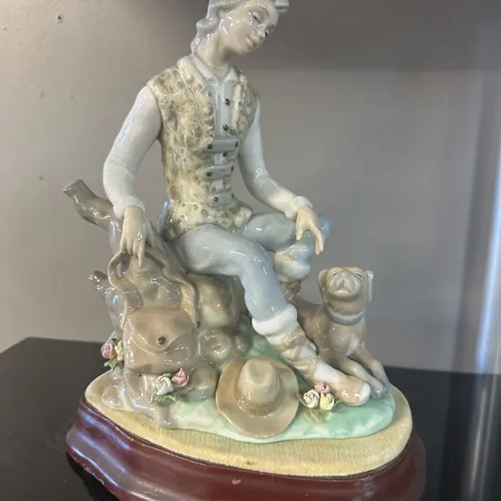 Vintage Tengra Spanish Figurine of Boy With Dog & Mahogany Plinth. 29 x 24cm