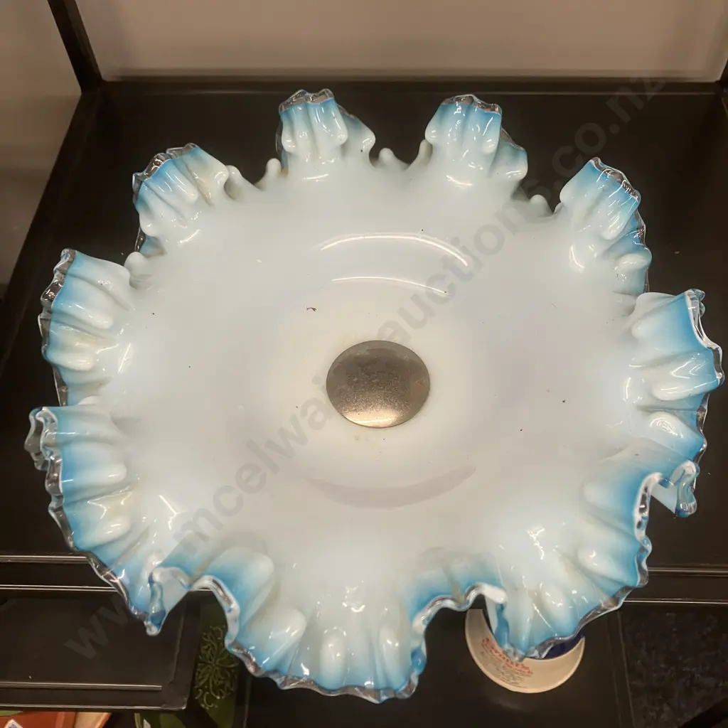 Antique Art Nouveau Blue & White Ruffled Rim Glass Compote With Silverplate Pedestal. 16 x 26cm Image 1++