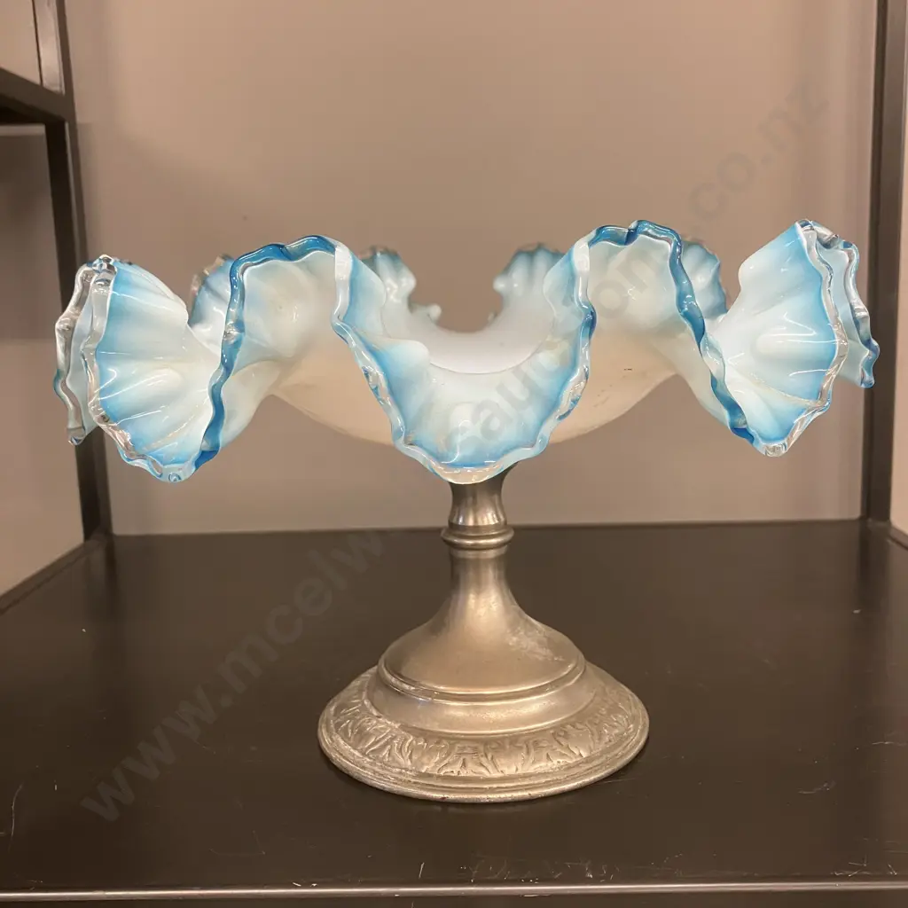 Antique Art Nouveau Blue & White Ruffled Rim Glass Compote With Silverplate Pedestal. 16 x 26cm Image 1++