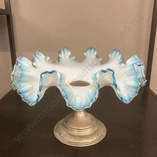 Antique Art Nouveau Blue & White Ruffled Rim Glass Compote With Silverplate Pedestal. 16 x 26cm