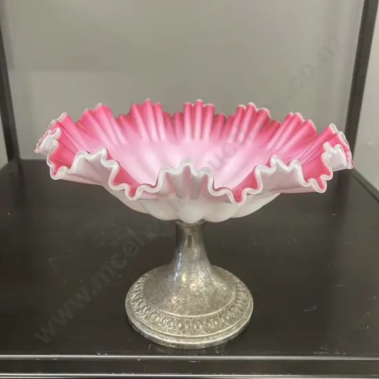 Rare Antique WMF German Art Nouveau Pink & White Ruffled Rim Glass Compote With Silverplate Pedestal. 14 x 19.5cm