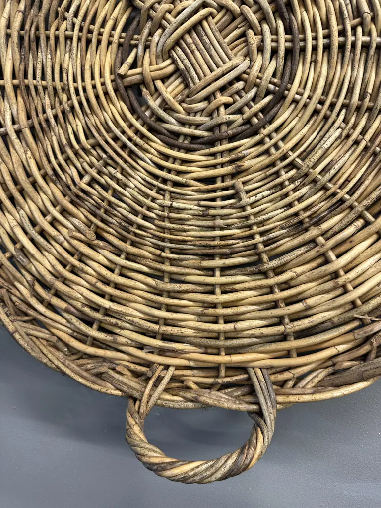 Vintage Round Cane Double Handled Serving Tray Dia71cm. Image 1++