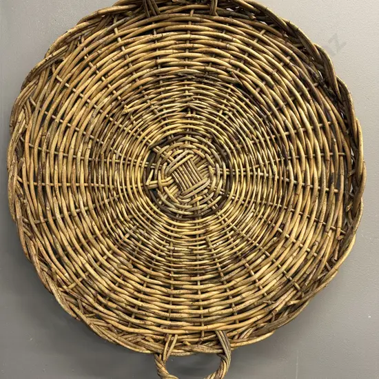 Vintage Round Cane Double Handled Serving Tray Dia71cm.