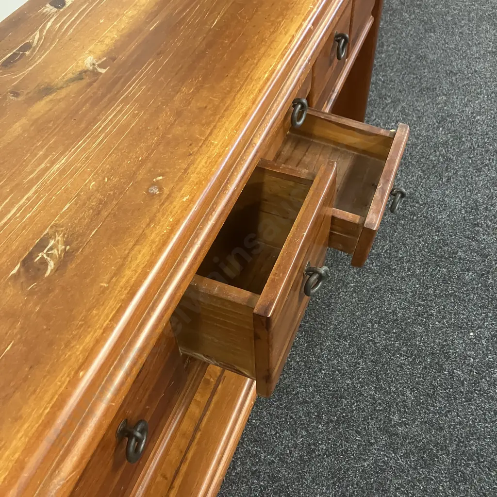 Pine Farmhouse 6 Drawer Console Table, Metal Ring Handles. H82 W135 D42cm Image 1++