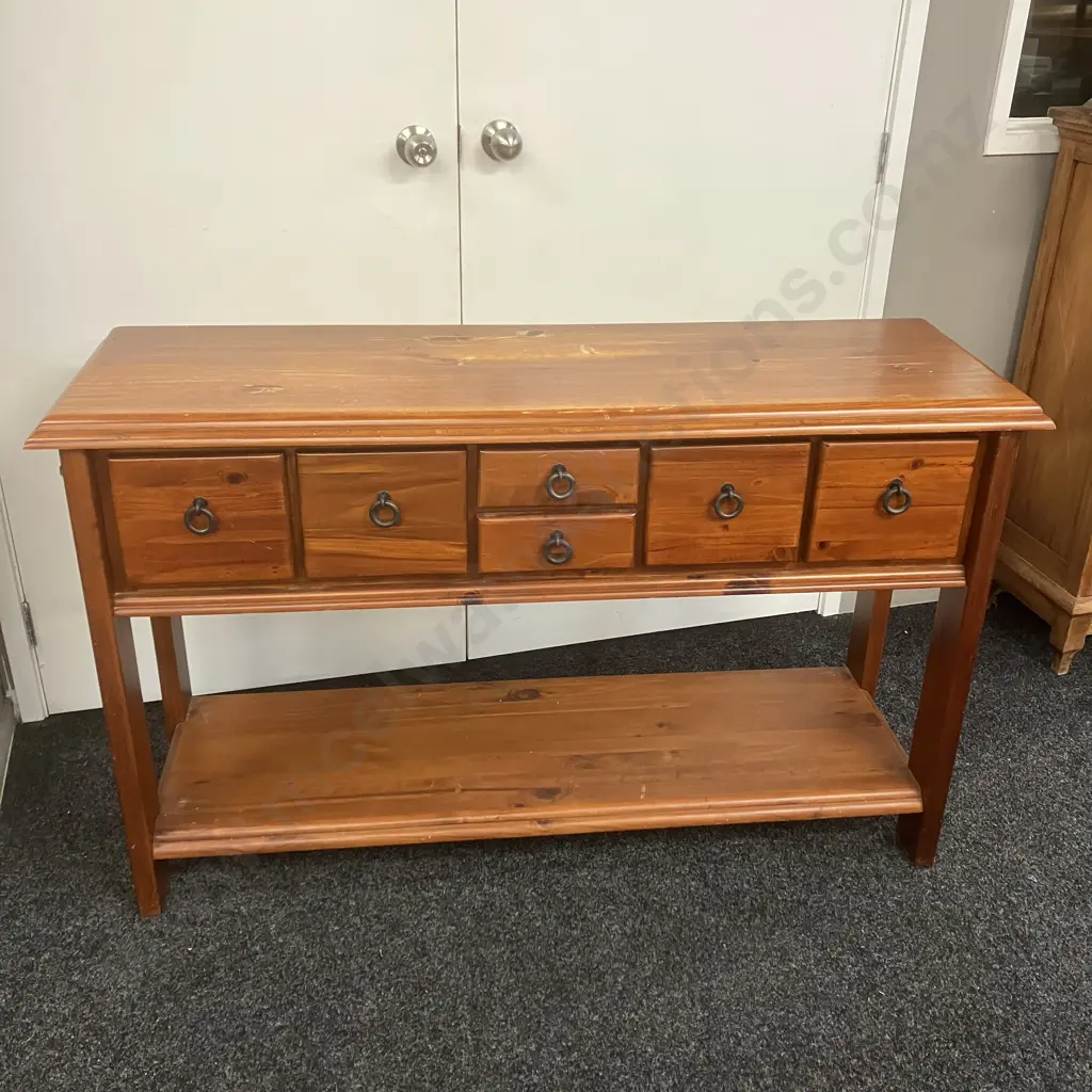 Pine Farmhouse 6 Drawer Console Table, Metal Ring Handles. H82 W135 D42cm Image 1++