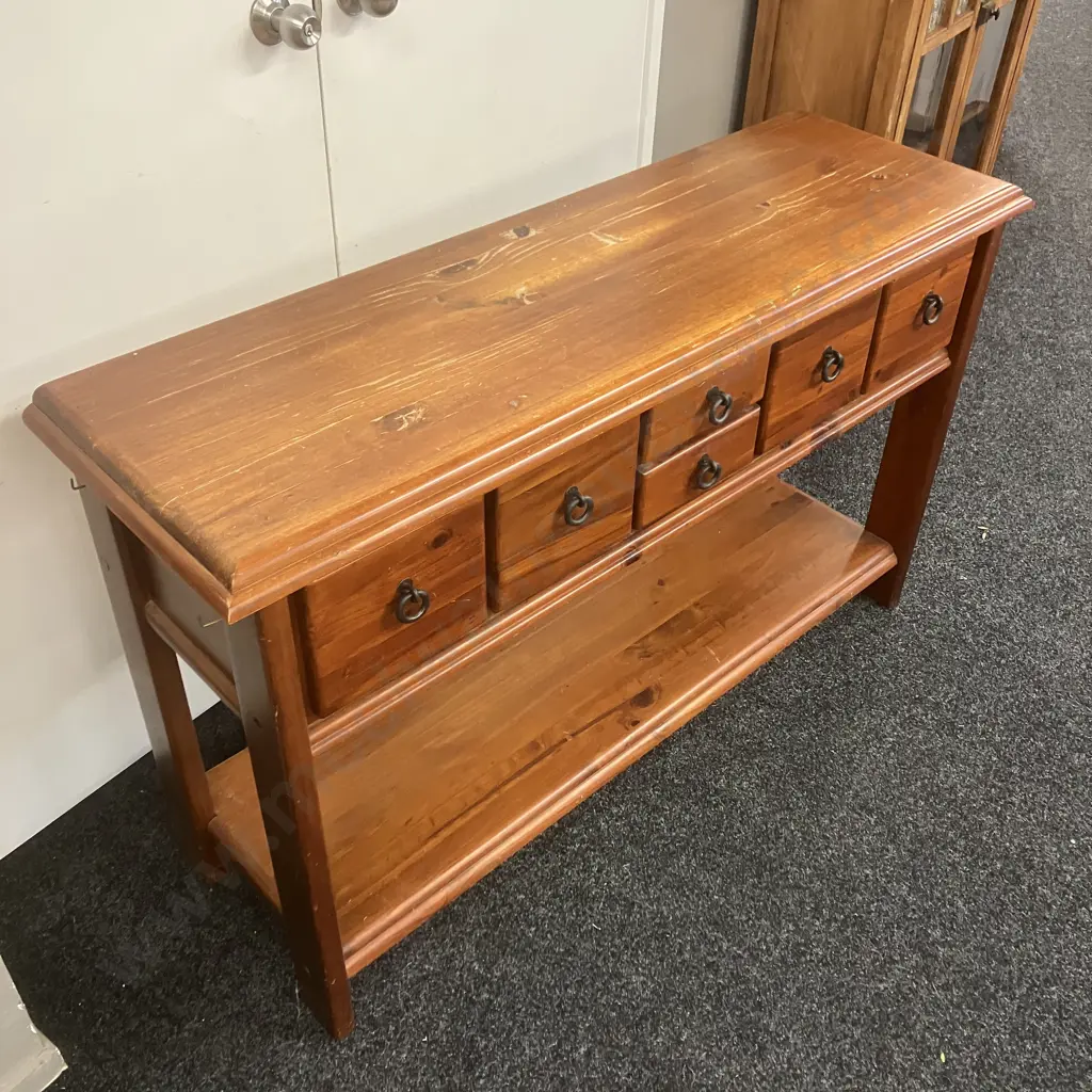 Pine Farmhouse 6 Drawer Console Table, Metal Ring Handles. H82 W135 D42cm Image 1++