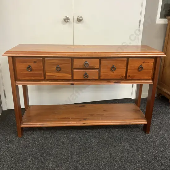 Pine Farmhouse 6 Drawer Console Table, Metal Ring Handles. H82 W135 D42cm