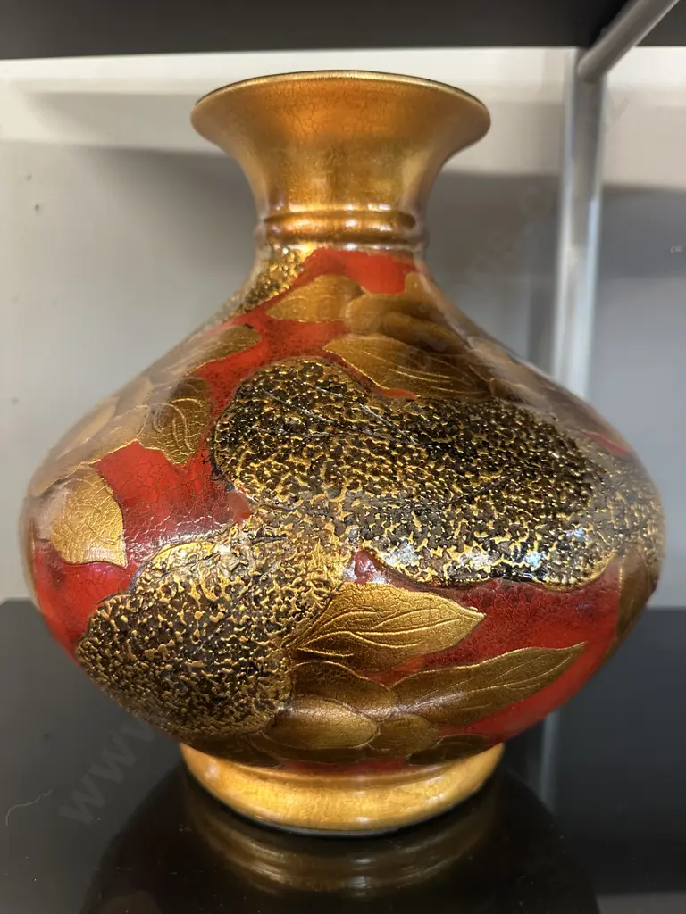Decorative Bulbous Vase Embossed Gold Leaf Detail H30cm. Image 1++