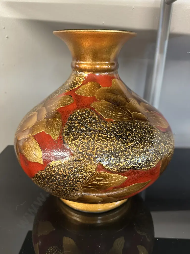 Decorative Bulbous Vase Embossed Gold Leaf Detail H30cm. Image 1++