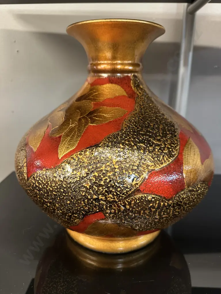 Decorative Bulbous Vase Embossed Gold Leaf Detail H30cm. Image 1++