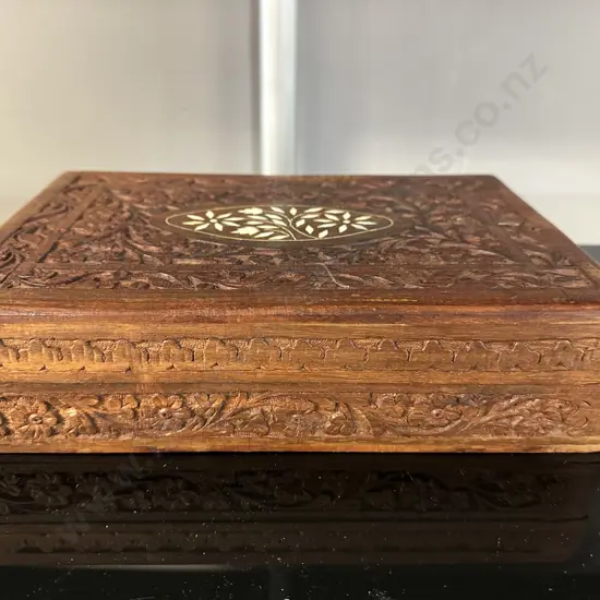 Vintage Wooden Carved Trinket Box Intricate Floral Design H7.5,W30,D20cm.