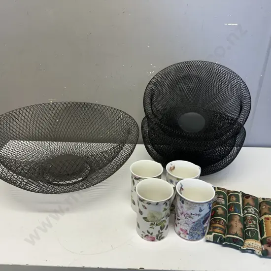 Selection Of Double Wall Wire Mesh Bowls x3 & Coffee Mugs x4 Etc