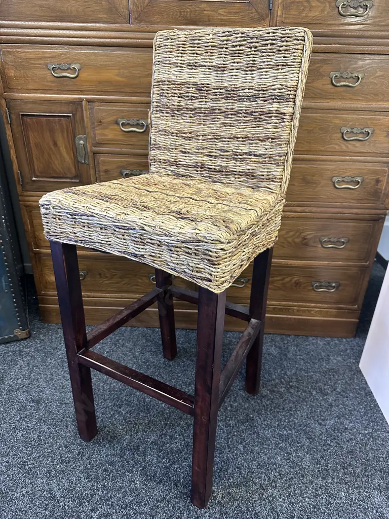 Wicker Bar Stool Natural Rattan Dark Brown Legs H110cm. Image 1++