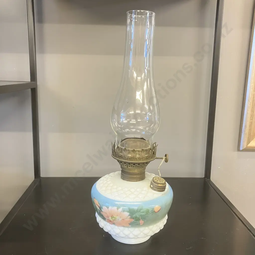 Antique Scoville Floral Hand Painted Milk Glass And Brass Oil Lamp. H39cm Image 1++