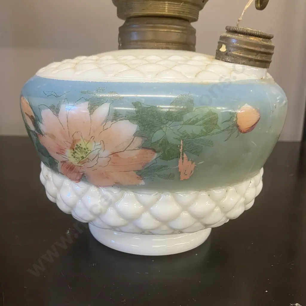 Antique Scoville Floral Hand Painted Milk Glass And Brass Oil Lamp. H39cm Image 1++