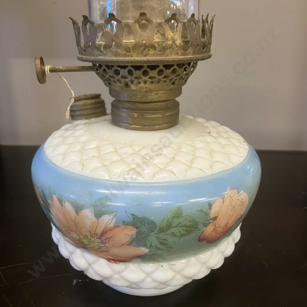 Antique Scoville Floral Hand Painted Milk Glass And Brass Oil Lamp. H39cm Image 1++