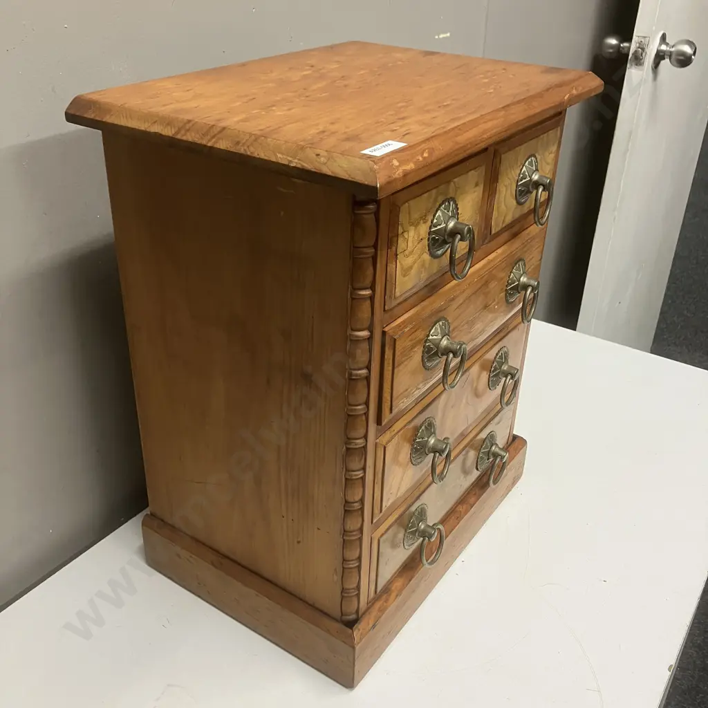 Antique Apprentice Five Drawer Chest, Half Bobbin Turned Columns And Metal Drop Handles. H43 W36 D25cm Image 1++