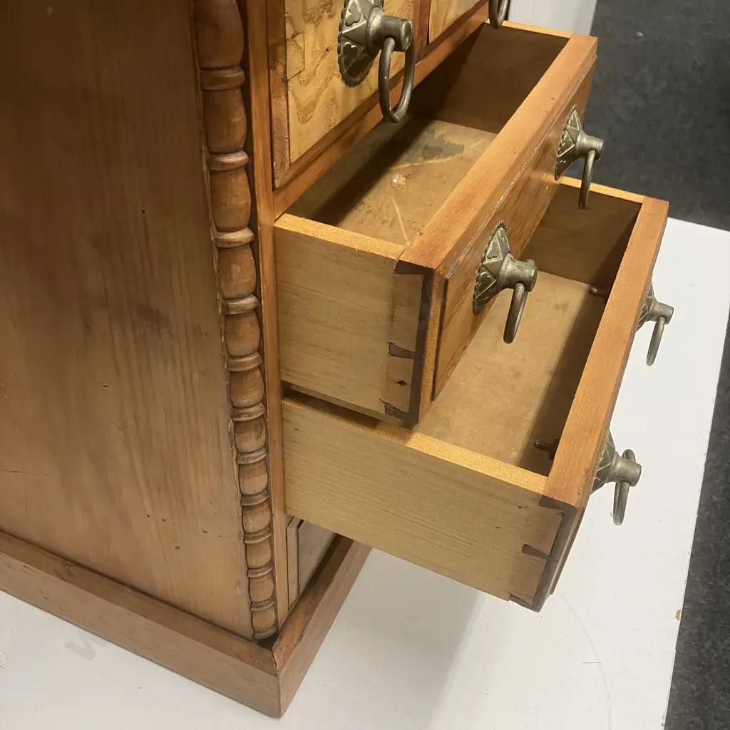 Antique Apprentice Five Drawer Chest, Half Bobbin Turned Columns And Metal Drop Handles. H43 W36 D25cm Image 1++