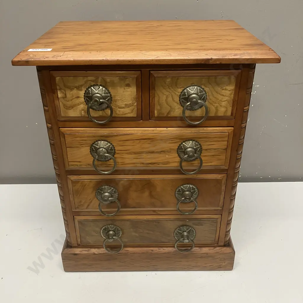 Antique Apprentice Five Drawer Chest, Half Bobbin Turned Columns And Metal Drop Handles. H43 W36 D25cm Image 1++