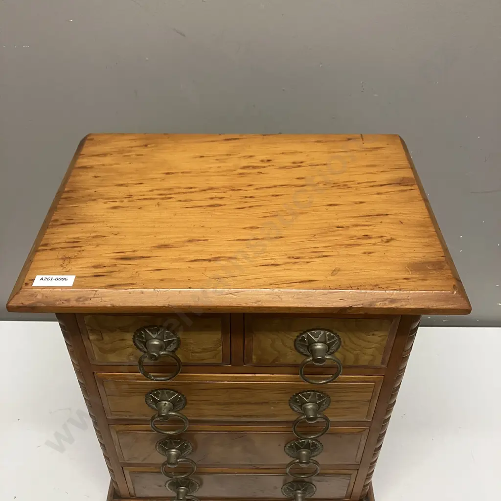 Antique Apprentice Five Drawer Chest, Half Bobbin Turned Columns And Metal Drop Handles. H43 W36 D25cm Image 1++