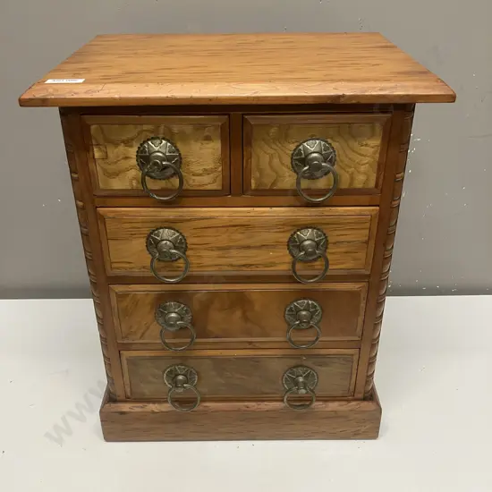 Antique Apprentice Five Drawer Chest, Half Bobbin Turned Columns And Metal Drop Handles. H43 W36 D25cm