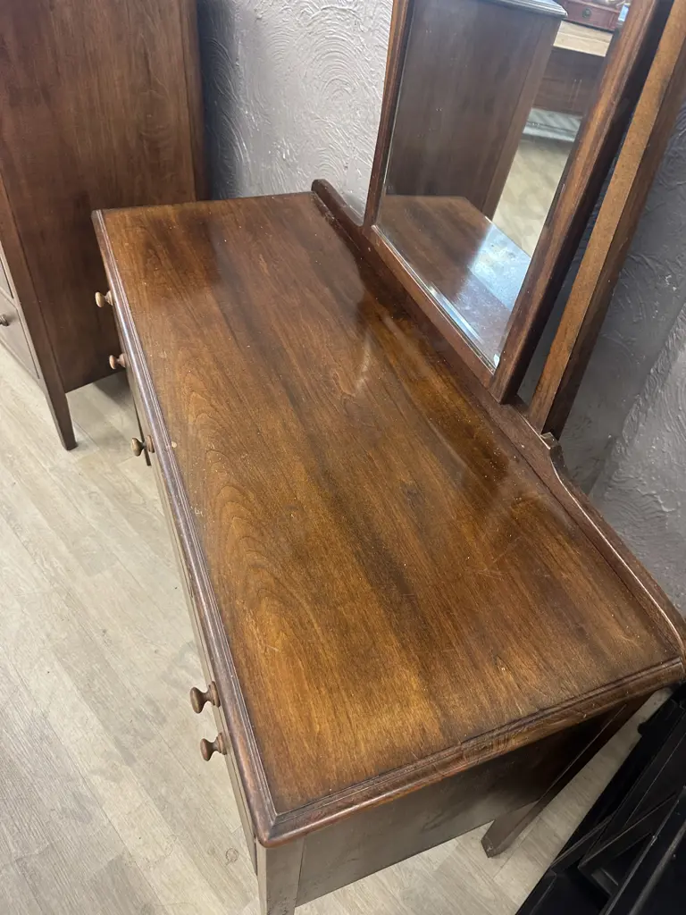Solid Mahogany Bedroom Suite - 4 Drawer Dressing Table With Mirror, 6 Drawer Scotch Chest, 7 Drawer Tallboy (Top AF) Image 1++