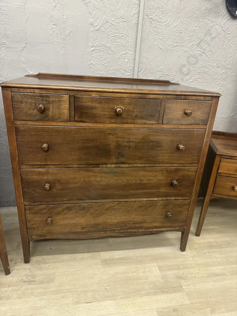 Solid Mahogany Bedroom Suite - 4 Drawer Dressing Table With Mirror, 6 Drawer Scotch Chest, 7 Drawer Tallboy (Top AF) Image 1++