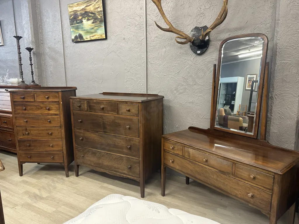 Solid Mahogany Bedroom Suite - 4 Drawer Dressing Table With Mirror, 6 Drawer Scotch Chest, 7 Drawer Tallboy (Top AF) Image 1++