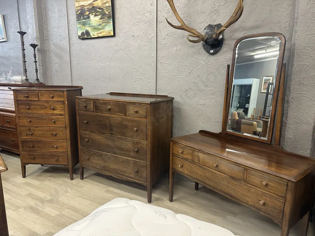 Solid Mahogany Bedroom Suite - 4 Drawer Dressing Table With Mirror, 6 Drawer Scotch Chest, 7 Drawer Tallboy (Top AF) Image 1++
