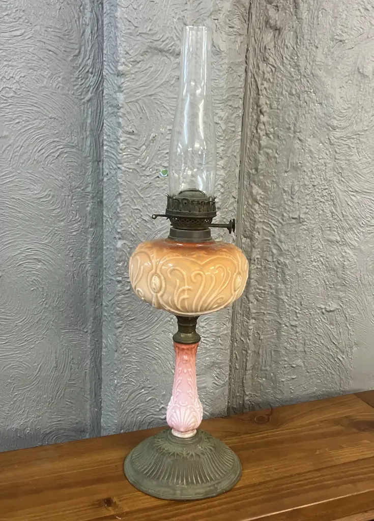 Antique Victorian Banquet Oil Lamp With Orange & Pink Milk Glass With Heavy Brass Base. H65cm Image 1++