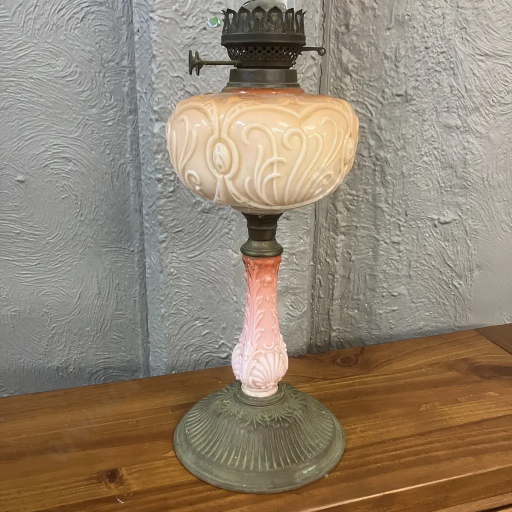 Antique Victorian Banquet Oil Lamp With Orange & Pink Milk Glass With Heavy Brass Base. H65cm Image 1++