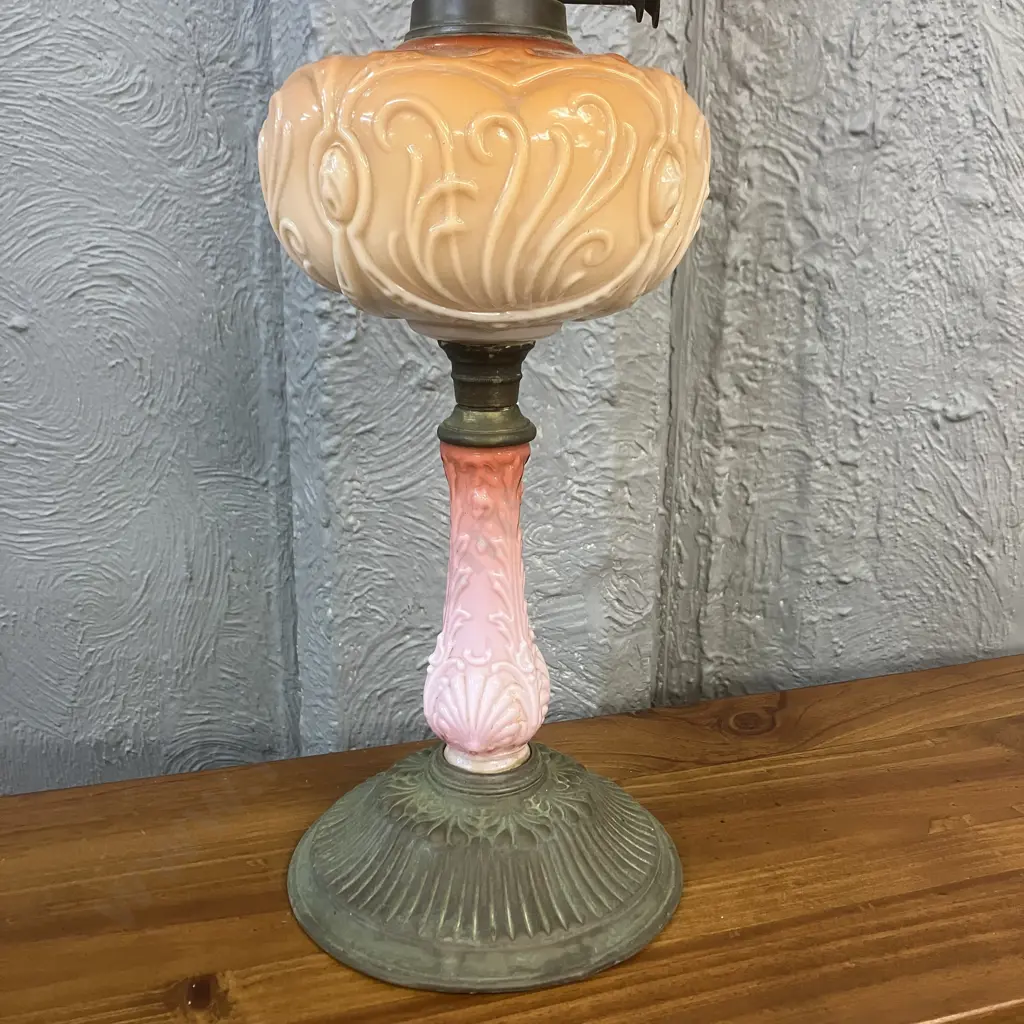 Antique Victorian Banquet Oil Lamp With Orange & Pink Milk Glass With Heavy Brass Base. H65cm Image 1++