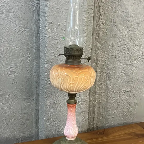 Antique Victorian Banquet Oil Lamp With Orange & Pink Milk Glass With Heavy Brass Base. H65cm