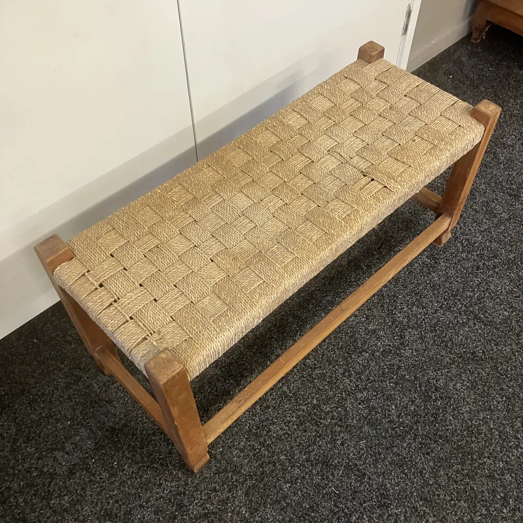 Vintage Woven Jute Double Width Stool. H42 W86 D34cm Image 1++
