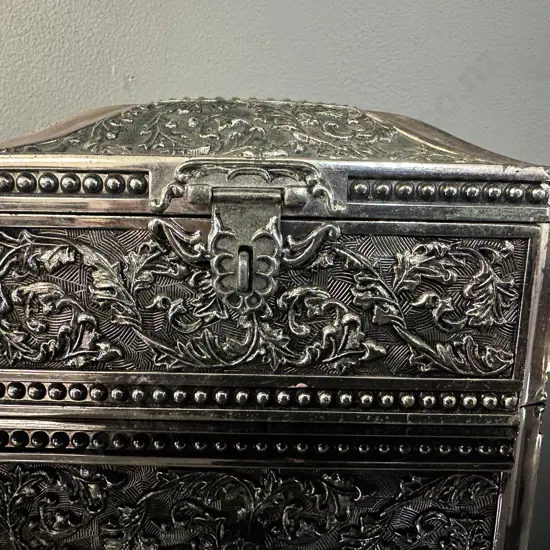 Vintage Metal Ornate Lined Jewellery Case H9,W18,D11cm.