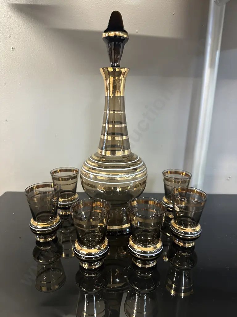 Vintage Smoke Glass & Gold Stripe Decanter Set. H33cm Image 1++